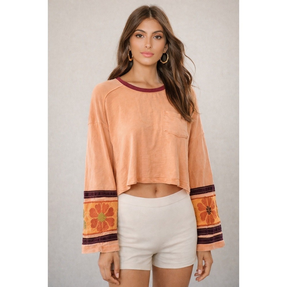 Free People‎ All In Cuff Peach Long Sleeve Cropped Top Size Small